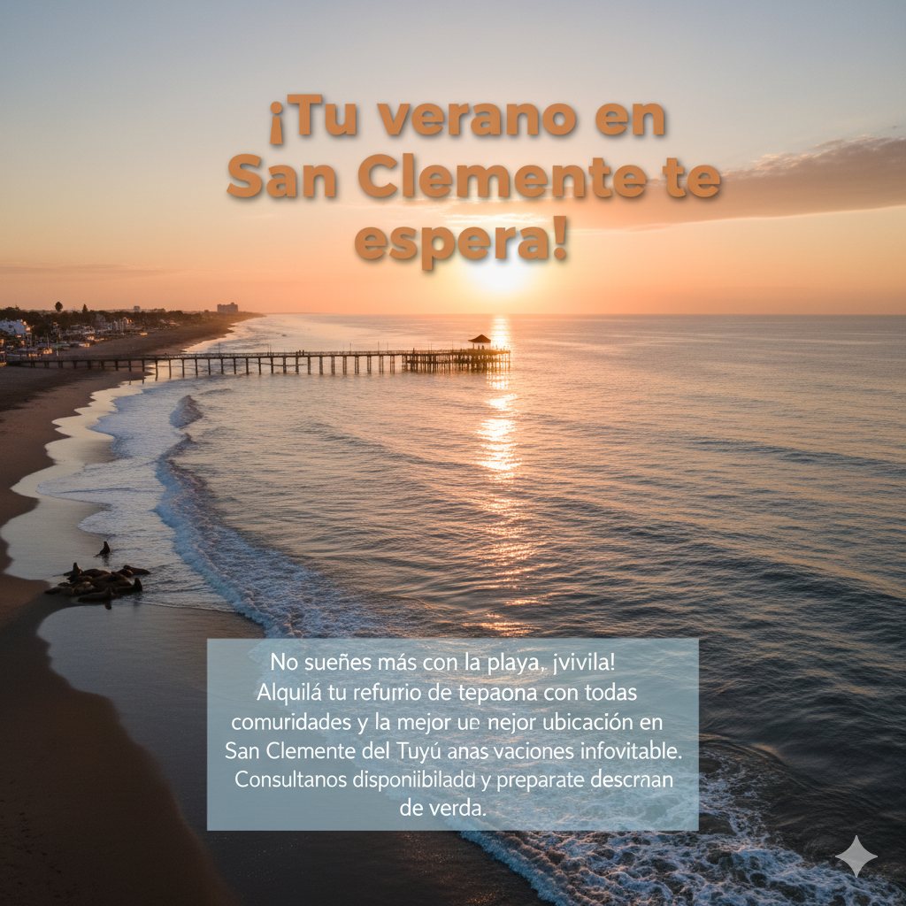 Atardecer sobre el mar en San Clemente del Tuyú, con muelle y cielo naranja y celeste.